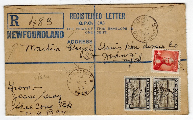 NEWFOUNDLAND - 1953 FORMULA NEWFOUNDLAND GPO (A) envelope used at SHOE COVE.