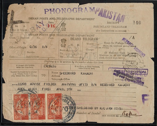 INDIA - 1956 use of India telegram receipt. 