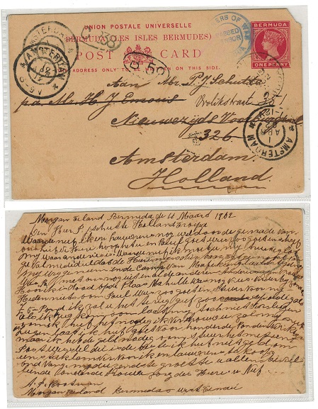 BERMUDA - 1893 1d PSC Boer War use to Holland from Morgans Island with censor mark.