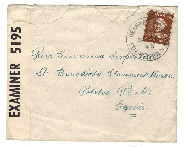 IRELAND - 1943 2 1/2d rate censored cover to UK used at BEARNAS MOR.