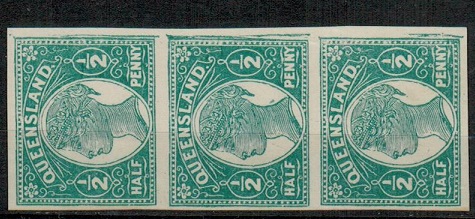 QUEENSLAND - 1897 1/2d IMPERFORATE PLATE PROOF strip of three.