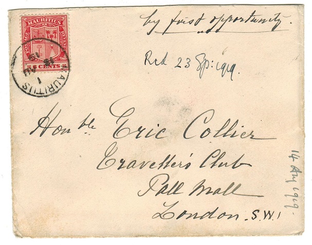 MAURITIUS - 1919 6c rate cover to UK showing the MAURITUS for MAURITIUS cancel error.
