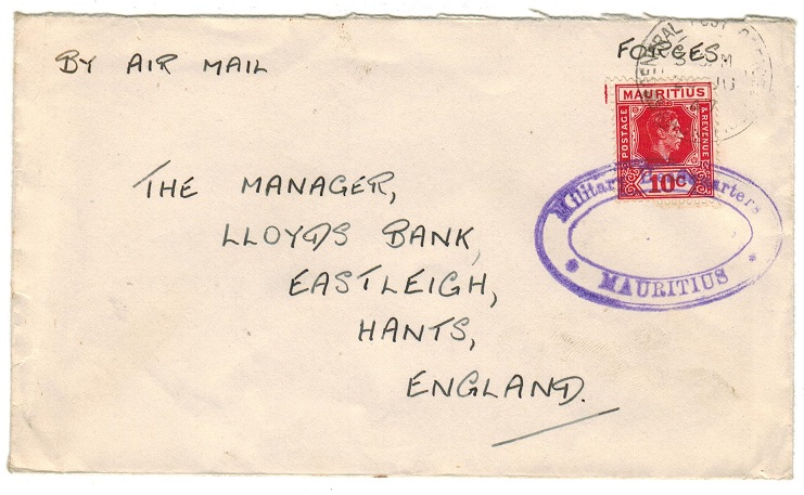 MAURITIUS - 1947 10c rate cover to UK struck by MILITARY HEADQUARTERS cachet.