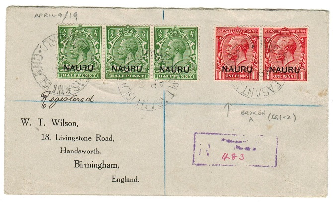 NAURU - 1919 registered cover to USA used at PLEASANT ISLAND/NAURU.