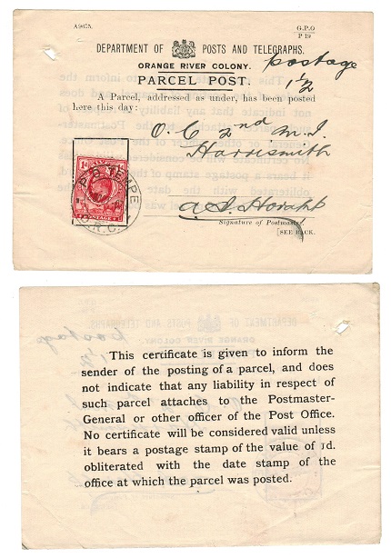 ORANGE RIVER COLONY - 1907 use of official crested PARCEL POST receipt at TEMPE.