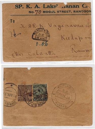 BURMA - 1936 underpaid cover to India with RANGOON SOR/DUE/1/2ANNA tax h/s applied.