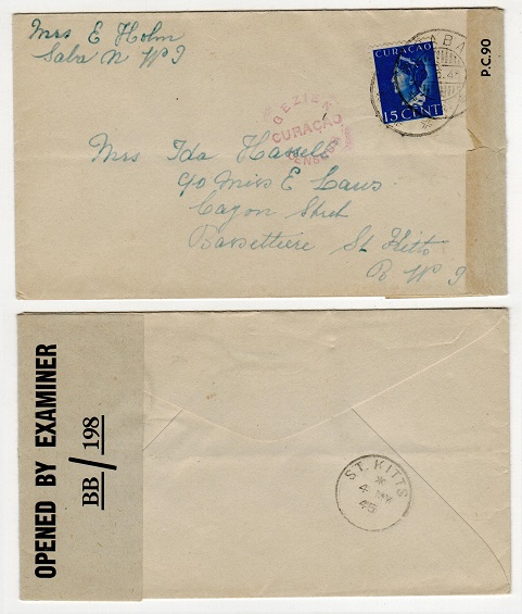 ST.KITTS - 1945 inward censor cover from Curacao with BB/198 label applied.