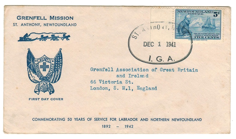 NEWFOUNDLAND - 1941 1st day cover to UK used at ST.ANTHONY/I.G.A.
