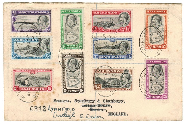 ASCENSION - 1938 registered cover to UK bearing 1934 pictorial set complete.