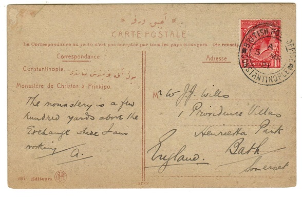 BRITISH LEVANT - 1921 1d rate (unoverprinted) postcard to UK used at CONSTANTINOPLE.