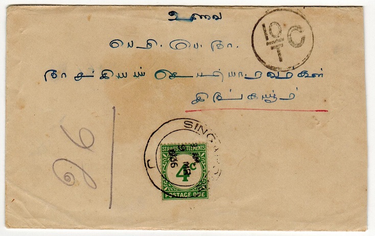 SINGAPORE - 1936 4c postage due cover used at SINGAPORE.