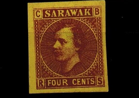 SARAWAK - 1875 4c IMPERFORATE PLATE PROOF in red-brown on yellow.