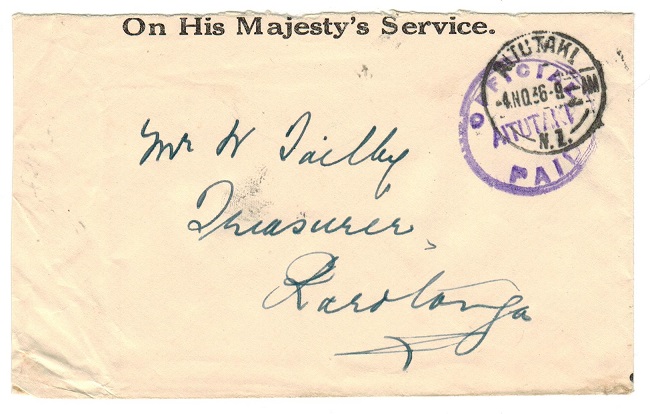 AITUTAKI - 1936 OHMS envelope to Cook Islands with scarce OFFICIAL/PAID/AITUTAKI h/s.