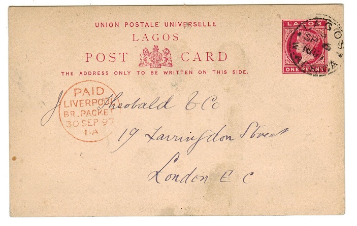 LAGOS - 1893 1d PSC to UK cancelled LAGOS/W.AFRICA.  H&G 7.