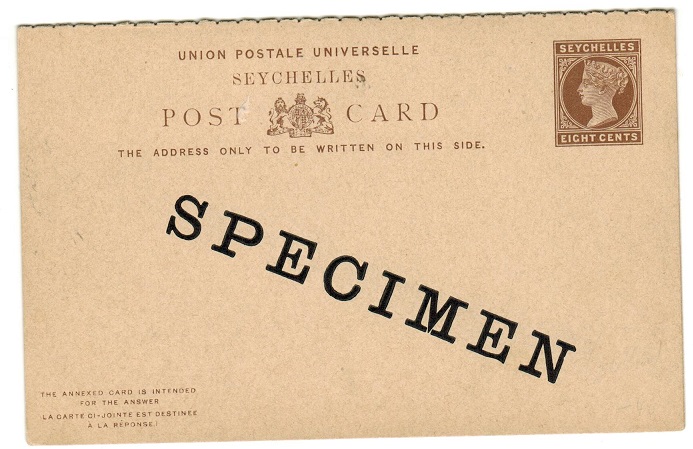 SEYCHELLES - 1890 8c+8c brown PSRC unused with SPECIMEN h/s.  H&G 6.