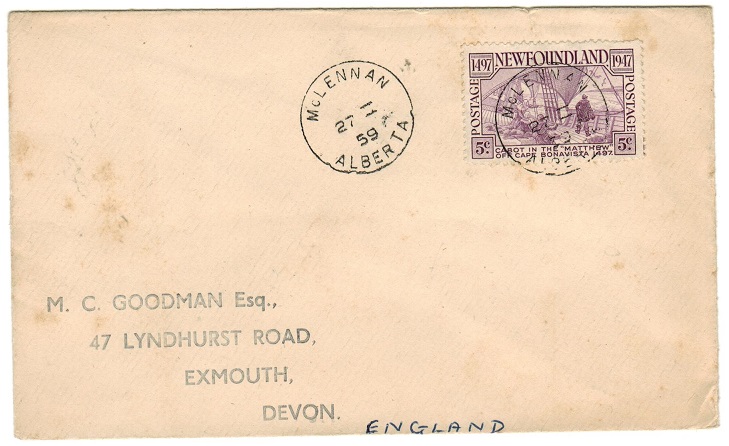 NEWFOUNDLAND - 1947 5c rate cover to UK used at McLENNAN/ALBERTA.