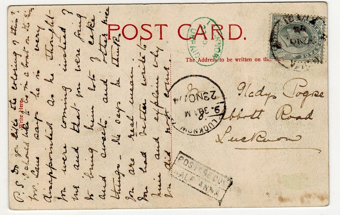 INDIA - 1914 LUCKNOW/UNPAID taxed postcard.