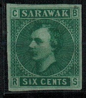SARAWAK - 1875 6c IMPERFORATE PLATE PROOF in green on pale green.
