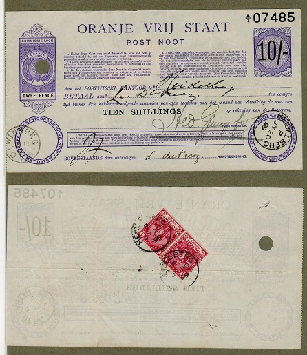 ORANGE FREE STATE - 1898 10/- violet POSTAL ORDER.  H&G 6.