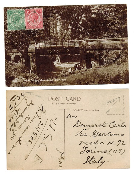 NYASALAND - 1933 1 1/2d rate postcard to Italy used at KARONGA.