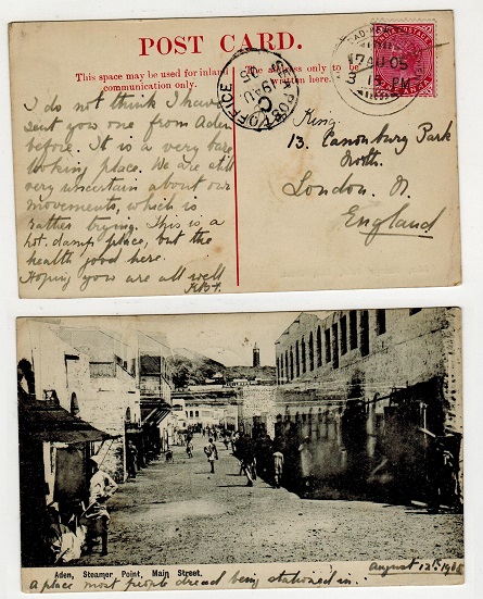 ADEN (INDIA) - 1905 use of Aden postcard to UK.