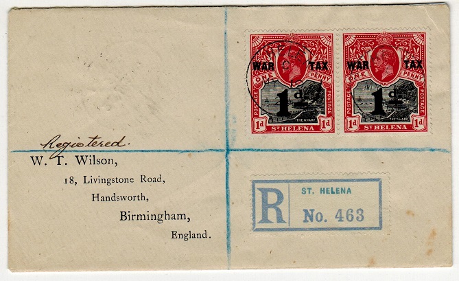 ST.HELENA - 1920 1d WAR TAX adhesive pair on registered cover to UK.