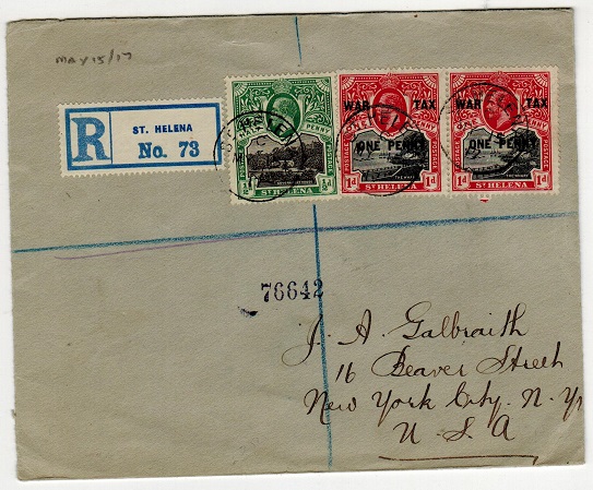 ST.HELENA - 1917 1d WAR TAX pair with 1/2d on registered cover to USA.