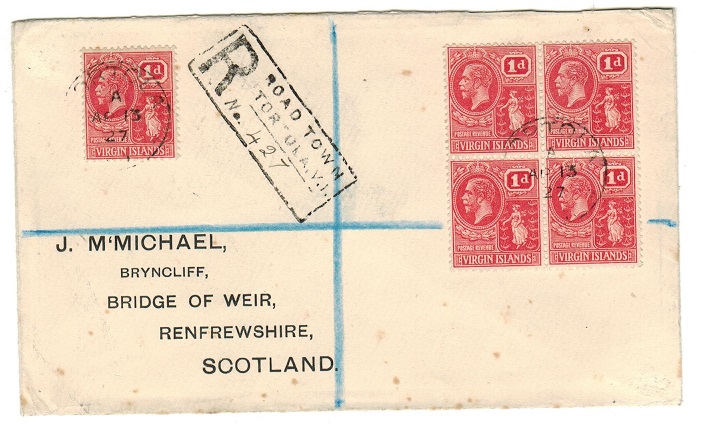 BRITISH VIRGIN ISLANDS - 1927 registered cover to UK used at TORTOLA.