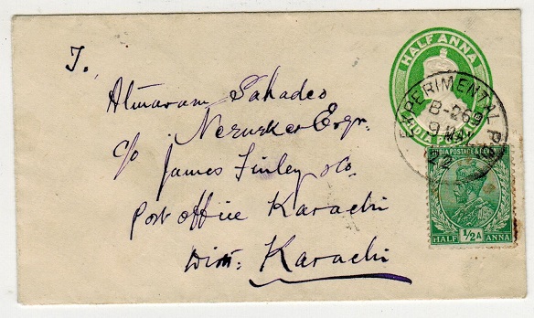 INDIA - 1902 1/2a green PSE to Karachi used at EXPERIMENTAL P.O./B-269. H&G 8.