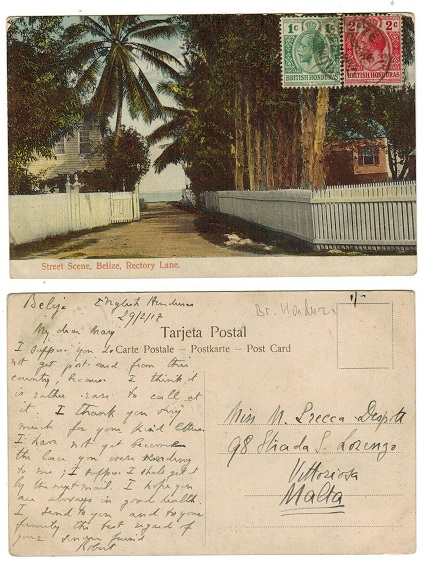 BRITISH HONDURAS - 1917 3c rate postcard use to Malta.