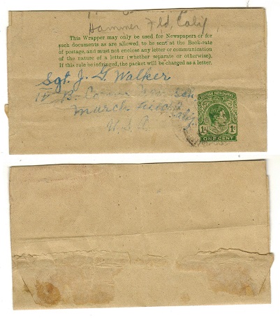 BRITISH HONDURAS - 1938 1c green postal stationery wrapper (faults) used to USA.  H&G 4.